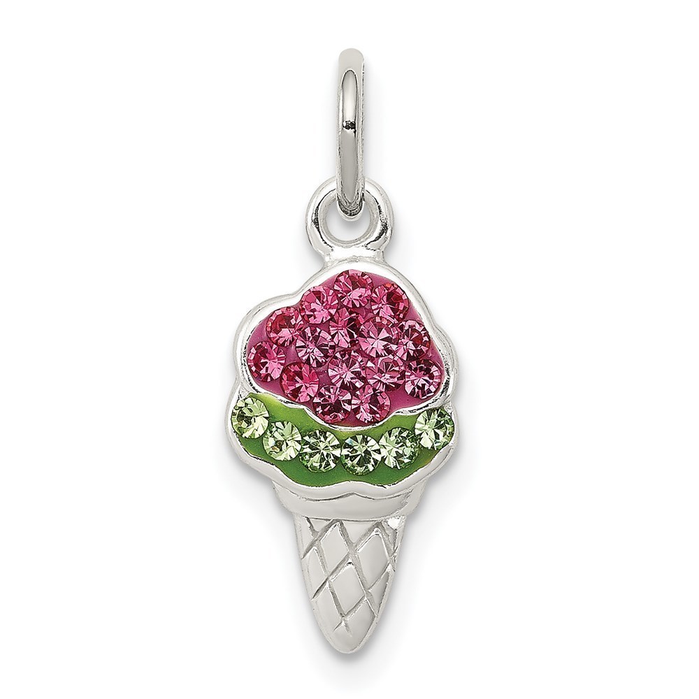 925 Sterling Silver Pink & Green Stellux Crystal Ice Cream Cone Charm Pendant